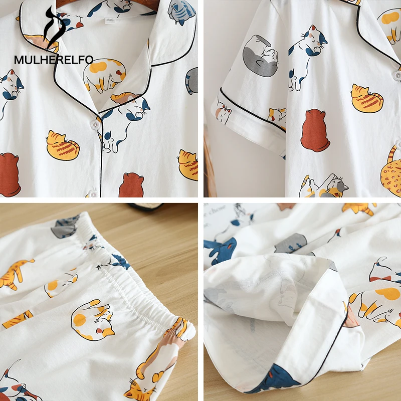 

Cotton Single-Breasted Turn Down Collar Short Sleeve Pants Women Pajamas Set Female Cozy Nightwear with Pocket Sleep Shirt Home