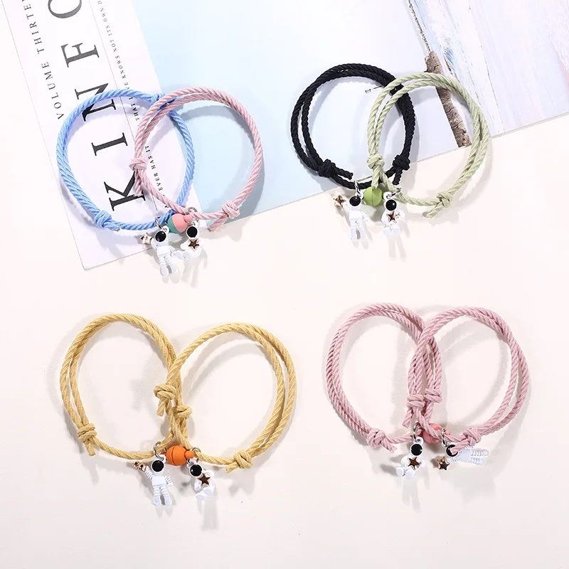 

2pcs Cute Astronaut Heart Couple Bracelets for Lover Men Women Magnetic Bracelet Stainless Steel Charm Rope Bracelets Jewelry