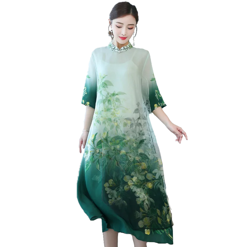 

Dress Cheongsam Chinese Clothing Spring And Autumn Large Size Women's Real Summer 2020 New Style Mulberry Floral Print Dress