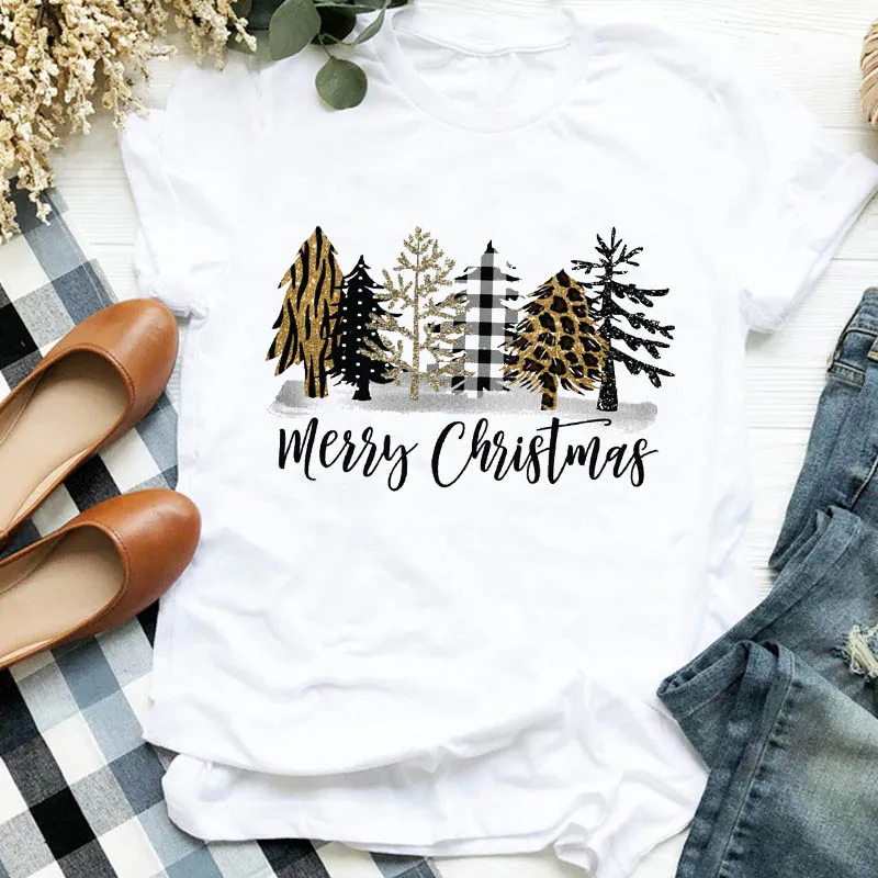 

Women Lady 90s Color Tree Leopard New Year Autumn Winter Merry Christmas Tshirt Female Top Graphic Clothes Shirt T Tee T-shirt