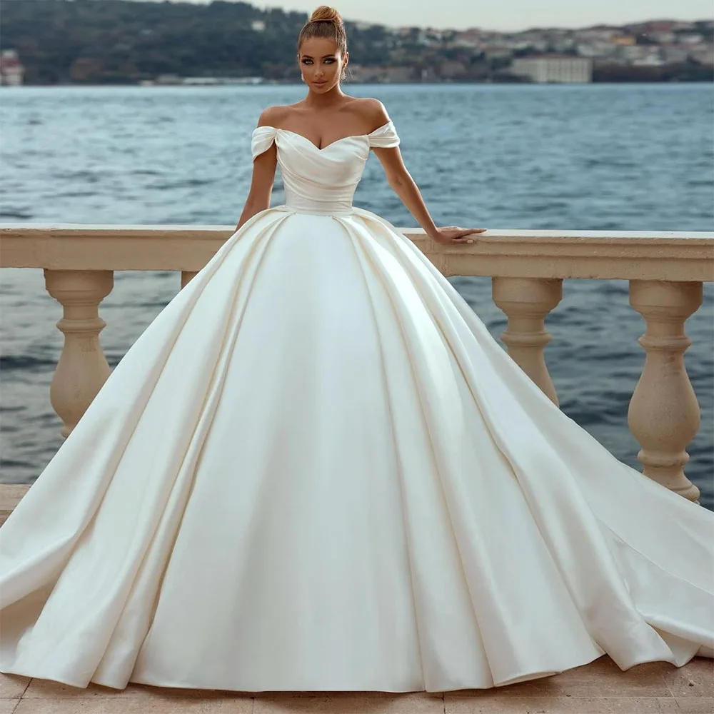 

Роскошное атласное свадебное платье Sevintage, свадебное платье с открытыми плечами и складками, ТРАПЕЦИЕВИДНОЕ пляжное платье невесты на шнур...