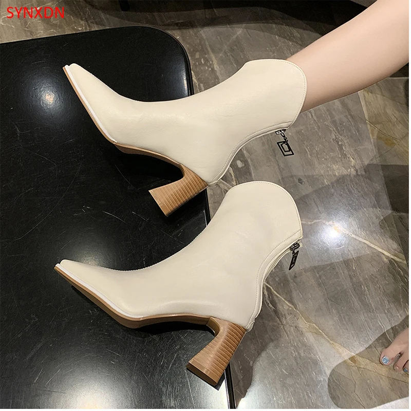 

Женские ботильоны на платформе SYNXDN, осенние короткие ботинки, ботинки челси на квадратном каблуке, длинные до колена, женская обувь с острым...