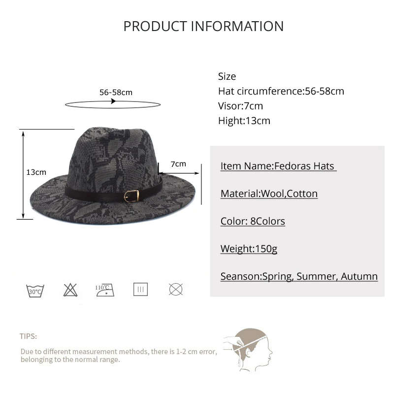 2020 Hot Sale Men's Fedora Hat Ladies Fashion Snake Pattern Jazz Hat Winter Black Wool Blend Hat Frederick Hat F105