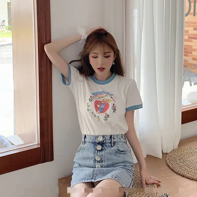 Эстетический Harajuku футболка каваи кроя Радуга для девочек с принтом в Корейском