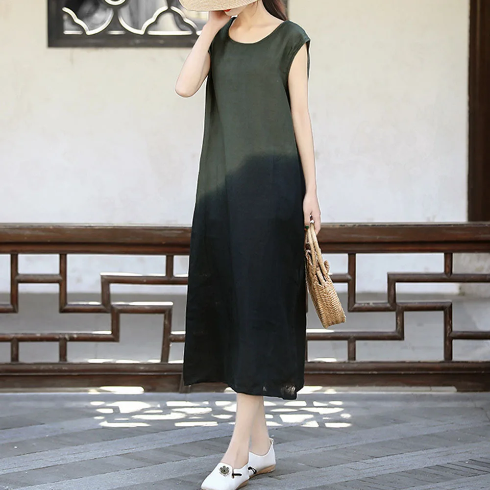 

2021 Summer New Sleeveless Printing Tie Dye Gradient Japanese Style Women's Dress Fashion Loose Casual Simplicity Round Neck