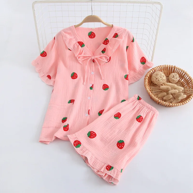 

Sleeping Clothes Pijama Pink/White Strawberry Print Pyjama Set Lounge Wear Night Suits For Women Summer Cotton Nighty Set