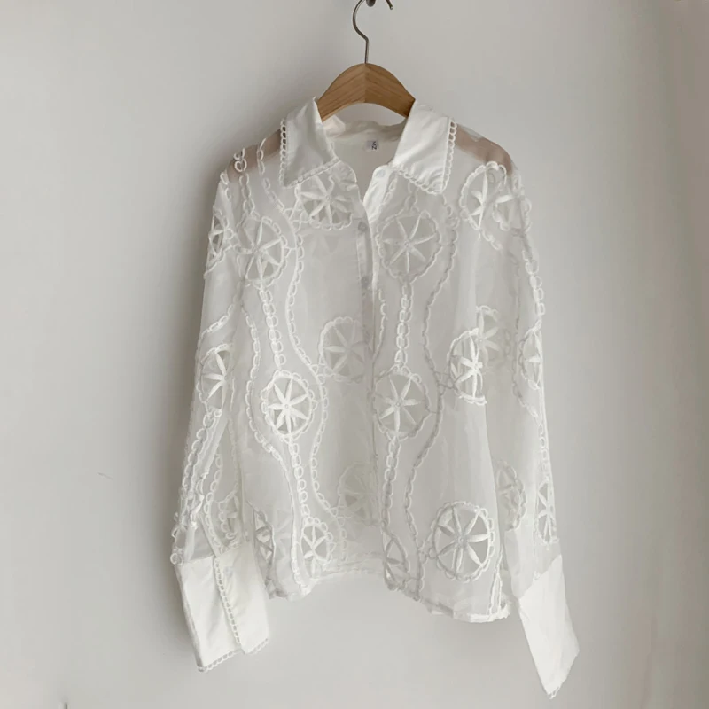 

Spring Plus Size Lace White Blouse Women Hollow Out Floral Embroidery High Quality Shirt Sexy See Through Long Sleeve Top