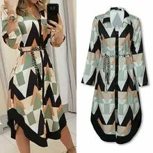 Spring Summer Lady Cover Up Women's Shirt Dress Wave Print Long Sleeve V-Neck Casual Loose Holiday Midi Dress