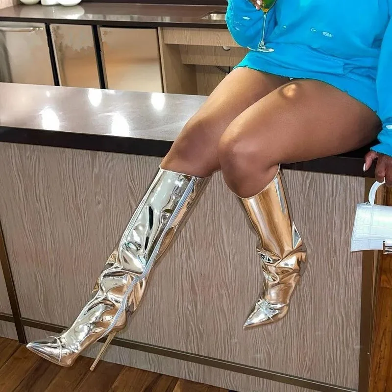 Metallic Leather Women Knee High Boots Stilettos Heels Pointed Toe Fashion Female Party Shoes Nightclub Reflective Mujer | Обувь