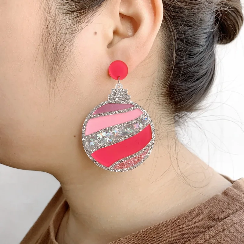 

KUGUYS 2022 рождественские украшения милый полосатый блестящий новогодний шар Висячие серьги для женщин модные акриловые аксессуары