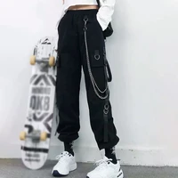 ladies overalls 2021 fashionable punk pocket jogging pants with chain harajuku elastic band high waist streetwear
