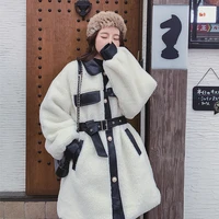 autumn winter 2021 female jacket new korean loose thickened casual lamb wool stitching pu waist faux fur outerwear womens