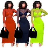 wuhe tassel side splicing bodycon maxi women matching sets sexy see though mesh long sleeve tee tops and skirt dress sets