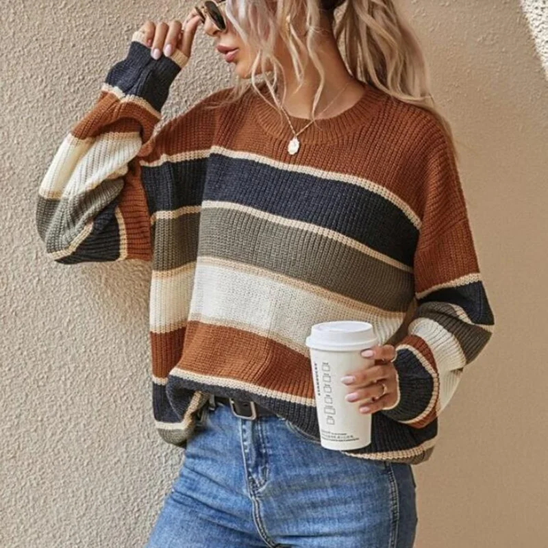 Женский трикотажный свитер в полоску большие размеры Осень-зима 2021 | Женская