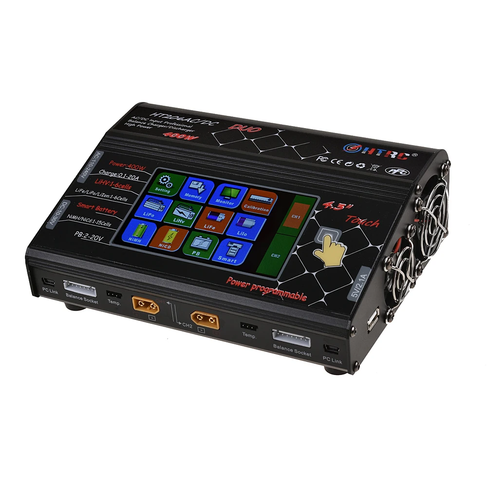 HTRC HT206 AC/DC DUO 400 Вт 40A двухпортовый RC баланс зарядного устройства Lipo зарядное устройство с ЖК-сенсорным экраном Lilon/LiPo/LiFe/LiHV зарядное устройство