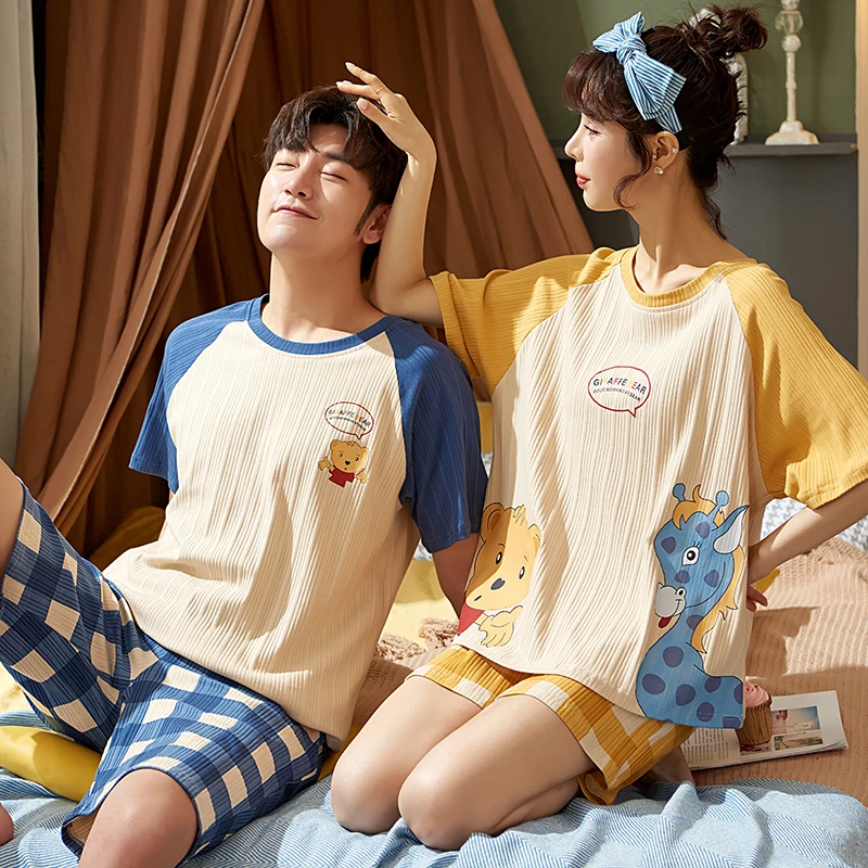 

2Pcs Lovers Homewear Korean Kawaii Cartoon Maiden Sleepwear Summer Couple Pajamas Cotton Patchwork Short Sleeve + Plaid Shorts