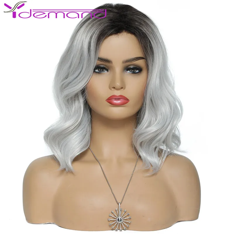 

Y Demand Ombre Body Wave Bob Black Gray Synthetic Shoulder Wigs Middle Length Heat Resistant Fiber Cosplay Hair For Women