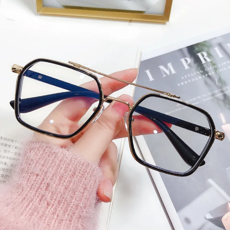 

Ahora Retro Anti Blue Light Glasses Frame Metal Computer Googles Eyeglasses Polit Double Beam Gaming Eyewear Myopia Frame Unisex