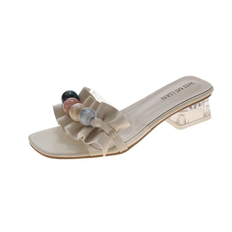 

Female Shoes String Bead Slippers Casual Med Transparent Heel Low Square heel Slides 2021 Luxury Summer Block Rubber PU Basic