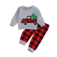 2pcs infant kids baby girls boys christmas outfits toddler long sleeve round neck cartoon car print pullover plaid trousers