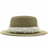 new summer flat sun hats for women chapeau feminino straw hat panama style cappelli side with pearl beach bucket cap girl topee