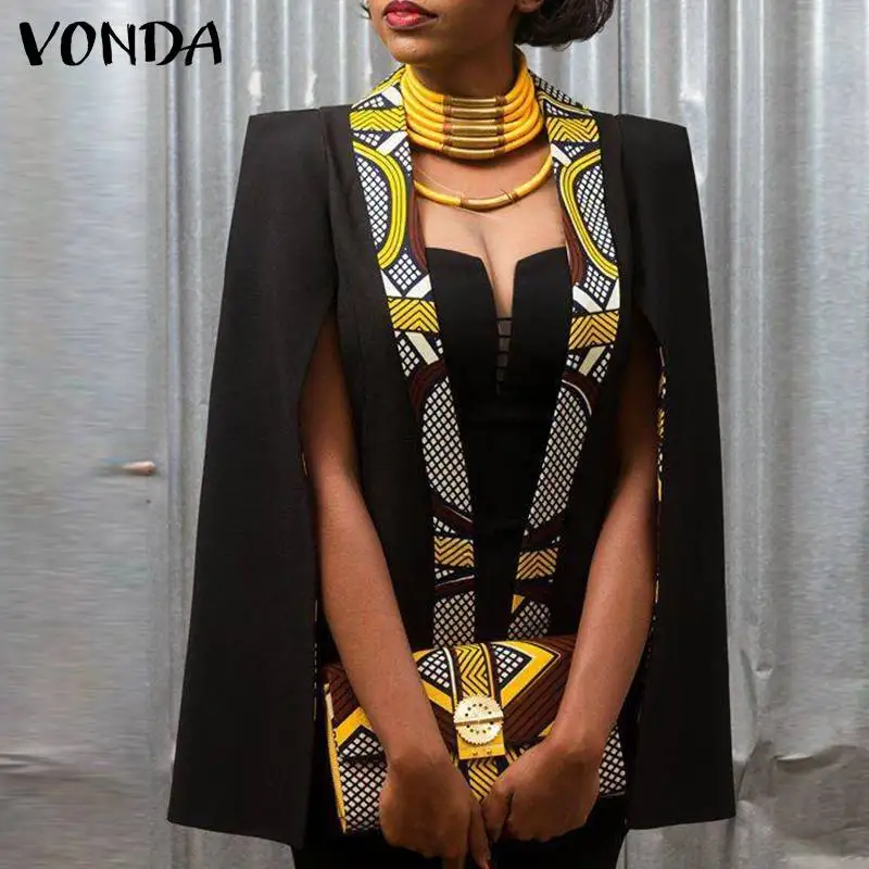 

Elegant Coat VONDA Women Sleeveless Open Front Vintage Printed Cape Ponchos Autumn Winter Spring Cloak Outwear Print Overcoats