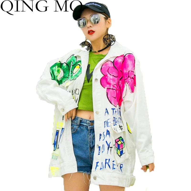 

Large size Women Jacket 2021 Spring Autumn Women Graffiti Gradually Color Cowboy Coat Female Slim Jacket All-match White LHXX69