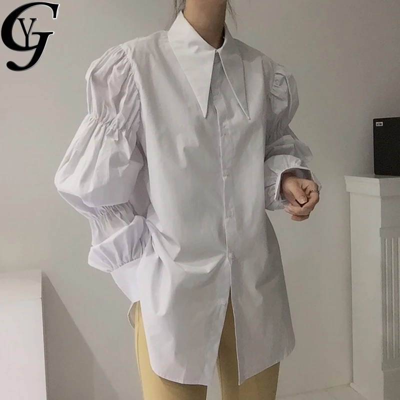 

Korean Style Puff Sleeve White Shirts Women 2021 Ulzzang Fashion Peter Pan Collared Loose Oversided Ladies Blouse Femme Blusas