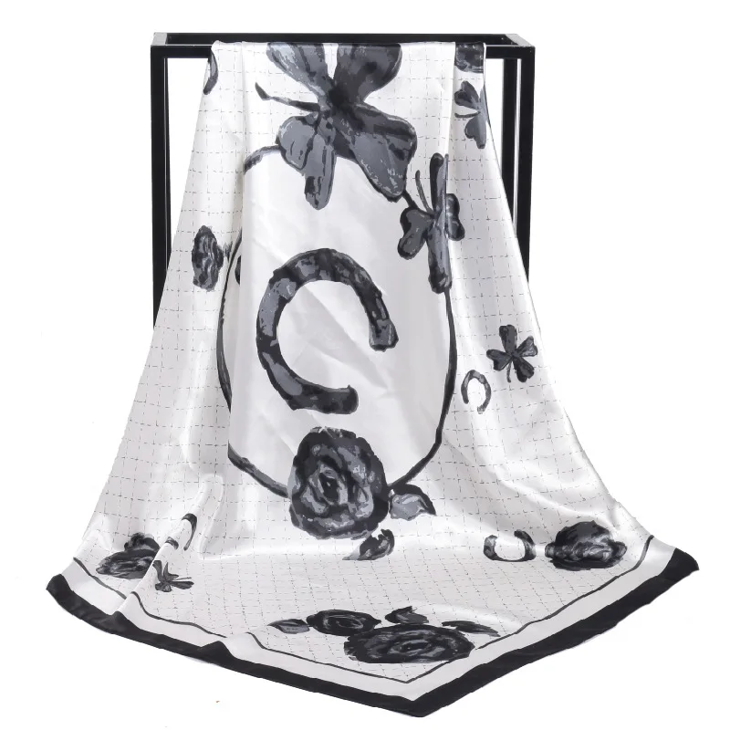 Роскошный шелковый шарф женский платок с буквенным принтом атласный квадратный