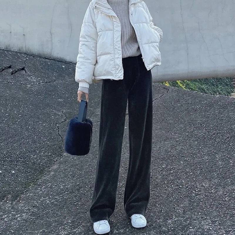 

Women Casual Pants Corduroy Full Length Wide Leg High Waist Elegant Trendy Solid All-match Trousers Chic Korean Style Lady Ins
