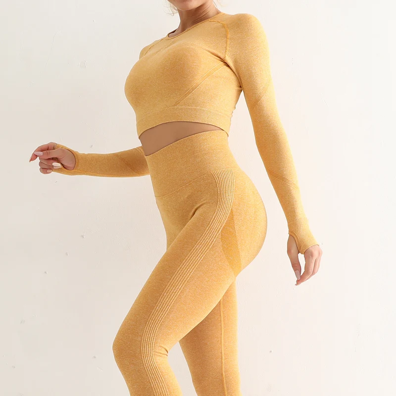 Fitness Women Sport Seamless Suits O Neck Sleeve Length Skinny Top High Elastic Workout Leggings Gym Athletic Running Yoga Suits