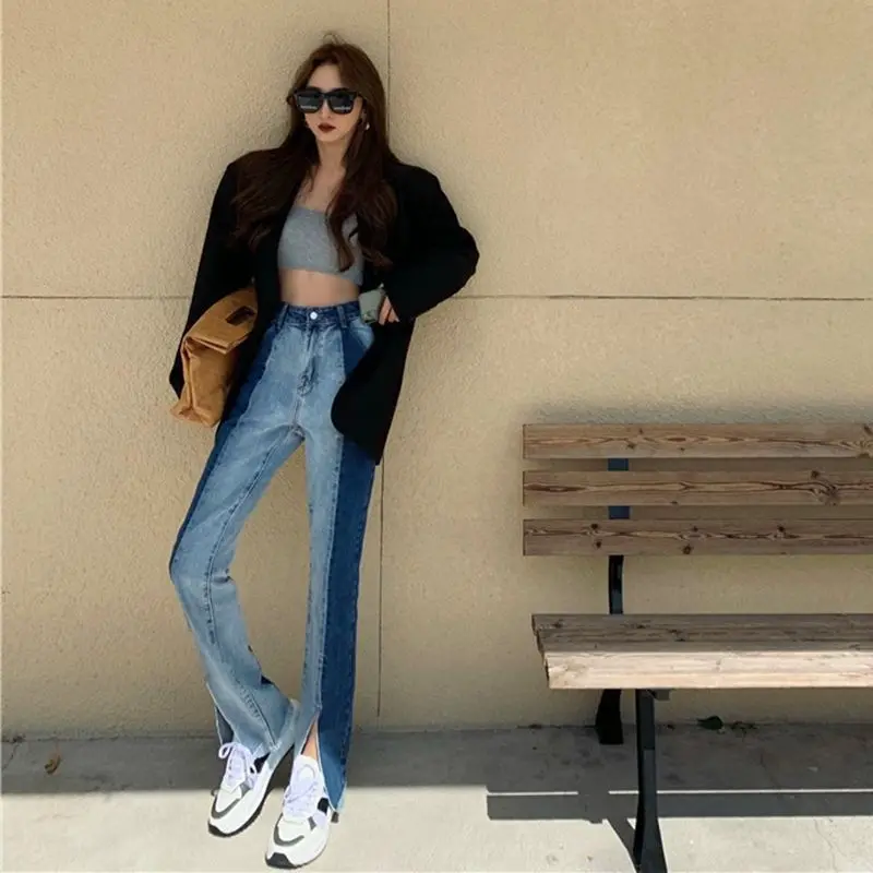 

Blue Streetwear Split Jeans High Waist Fashion Women Casual Denim Flare Pants Korean Jeans Hip Hop Patchwork Harajuku Trousers
