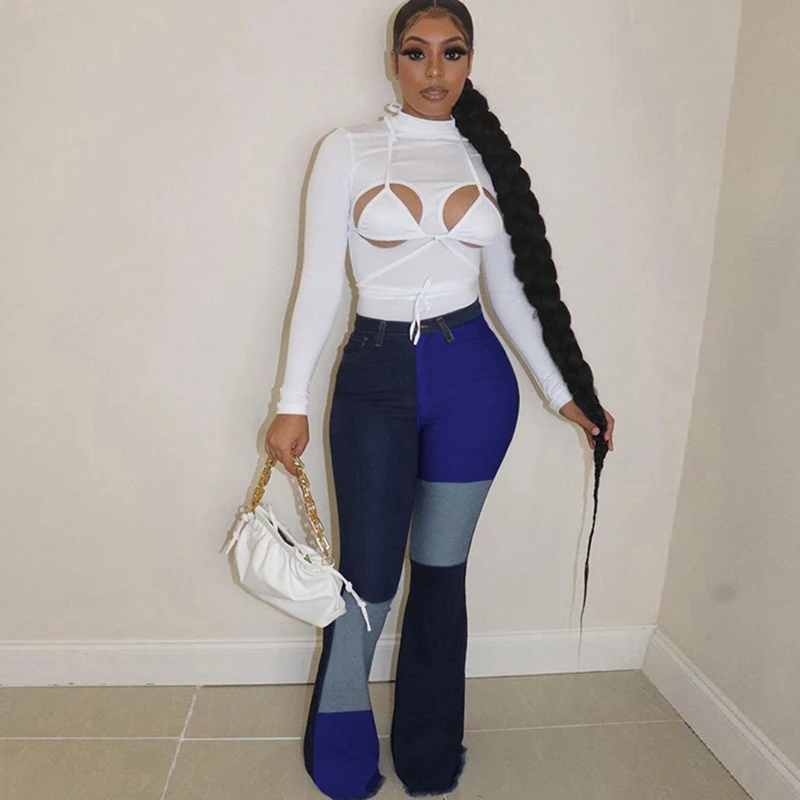 

Patchwork Loungewear Women Jeans Flare Pants Fashion Streetwear Clothes High Waist Pants Casual Legging Vintage Trousers