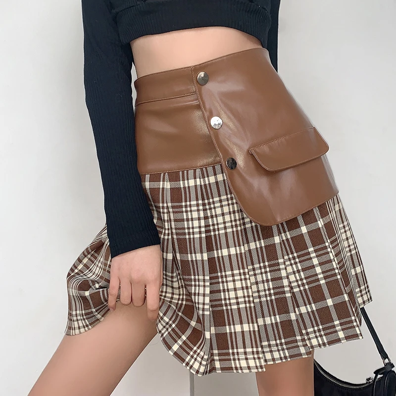

Korean Fashion Leather Patchwork Plaid Pleated Skirt 2021 New Women High-waisted Pockets Brown Mini Botton-up Y2k Harajuku