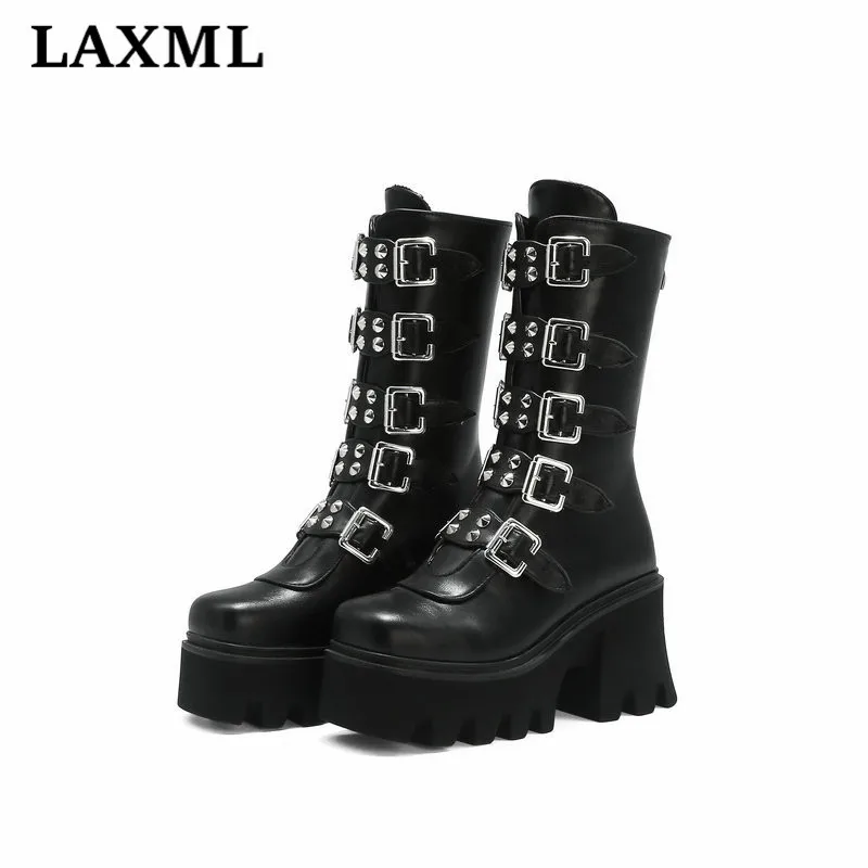 

2021 High-Quality Unisex Women Shoes Solid Color Mid-Heel Rivet Belt Buckle High Boots Round Toe Lightweight Ladies Knight Boots
