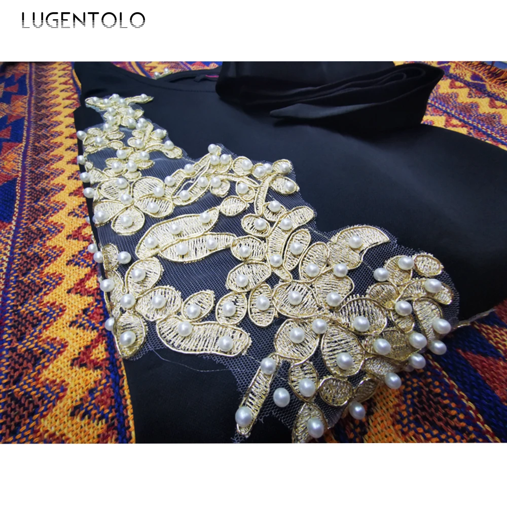 

Lugentolo Women Maxi Dress Pearl Fashion Muslim Arab Long Sleeve Dresses Lace Plus Size Dinner Casual Elegant Female Dress