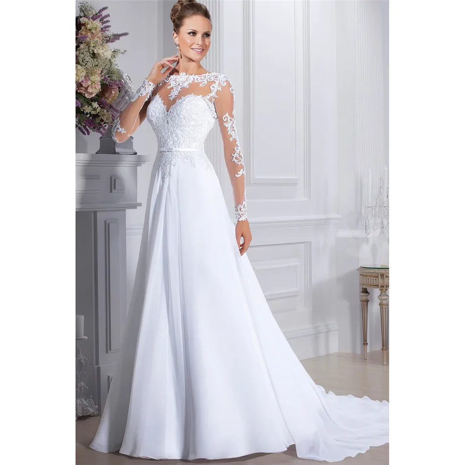 Трапециевидного силуэта с длинными рукавами Свадебные платья шифоновые