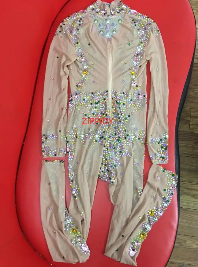Модный женский комбинезон с цветными камнями сетчатый костюм кристаллами