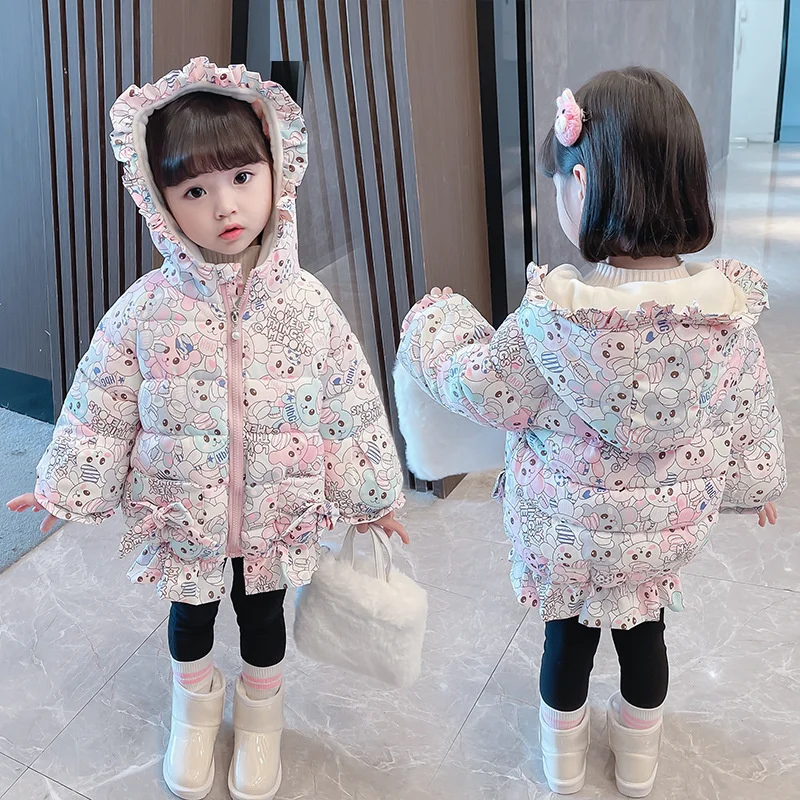

1-7 Years Girls' Cotton Clothes 2021 Winter New Down Cotton Korean Rabbit Hooded Coat Top Cotton Plush Thicken Warm Outerwear