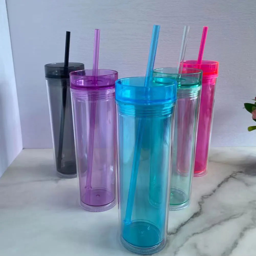 

473ml Double Layer Cold Mug Straw Water Cup Plastic Tumbler Coffee Cup With Lid Straw Christmas Gifts Outdoor Drinking Cup