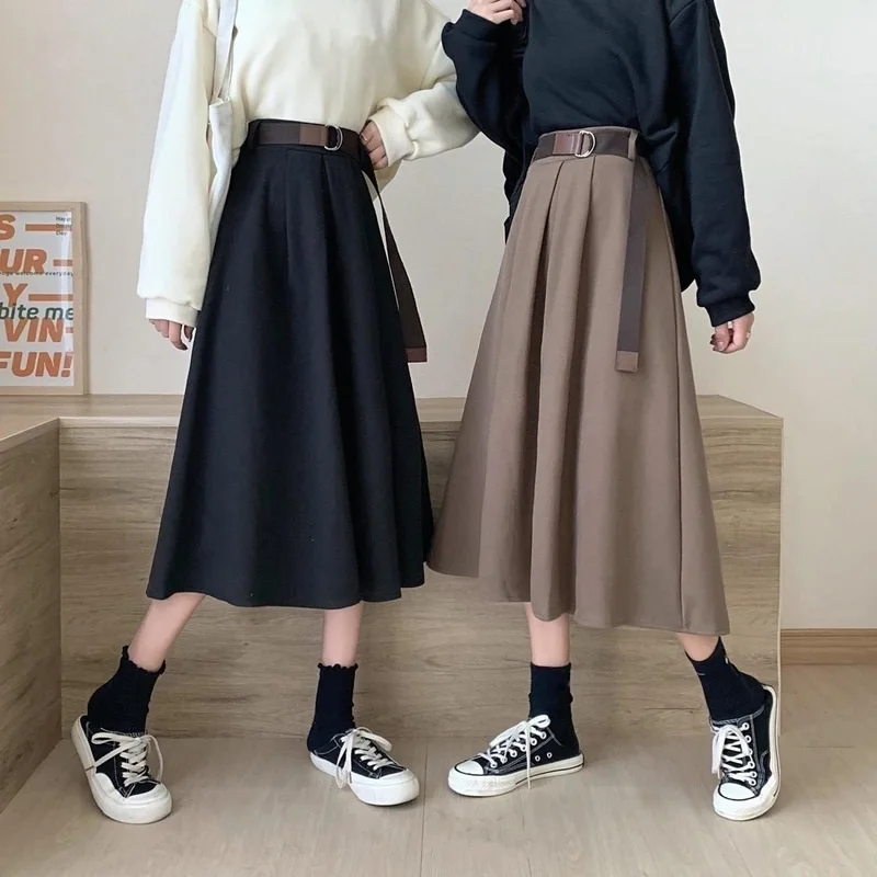 

Solid Skirts Women Mid-calf High Waist Friends Korean Style Elegant College Spring Autumn All-match Jupe Mujer Faldas Female Ins