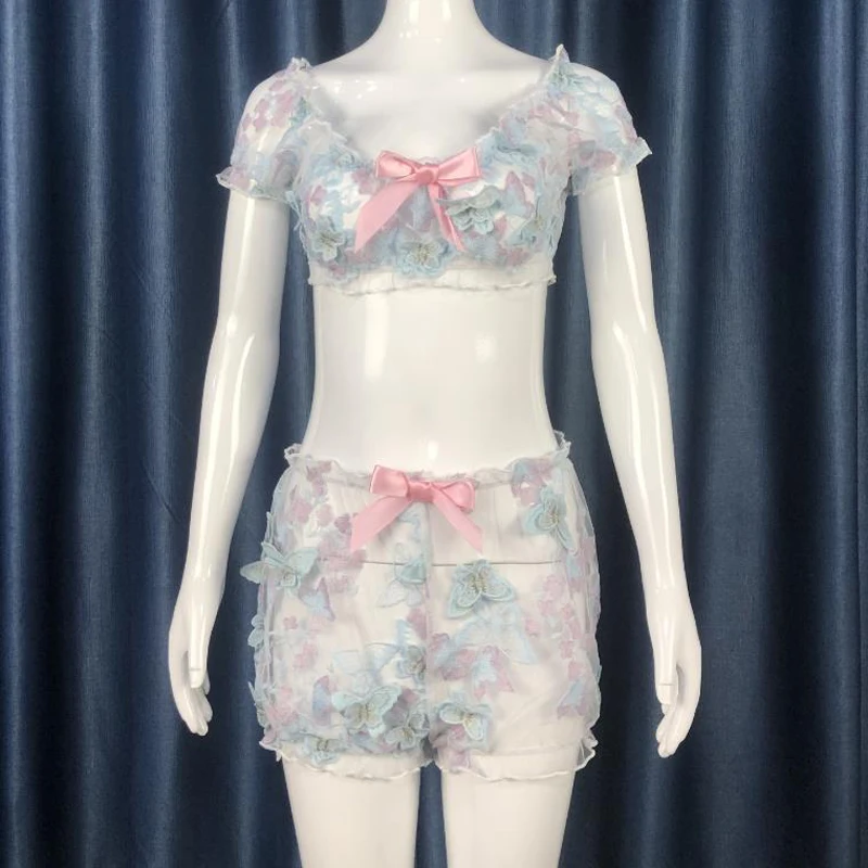 

Sexy Pajamas Set Transparent Gauze Lace Sleepwear Nightwear Tube Top Shorts Set Sexy Lingerie Pyjamas Women Home Clothes