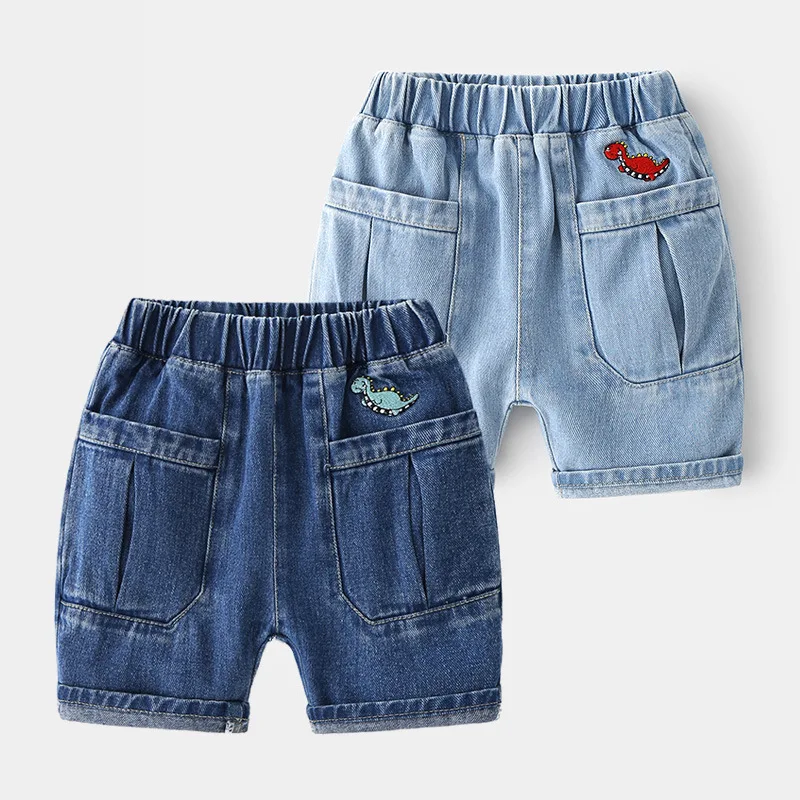 

Новинка 2021, детские летние джинсовые шорты для маленьких мальчиков, джинсовые шорты с мультяшным принтом динозавра и карманами, Детские пов...
