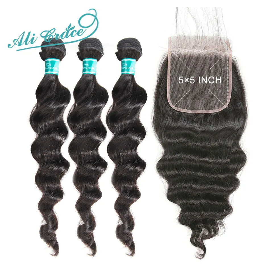 Али грация волосы бразильские свободные волнистые 3 пучка с 5х5 кружевной