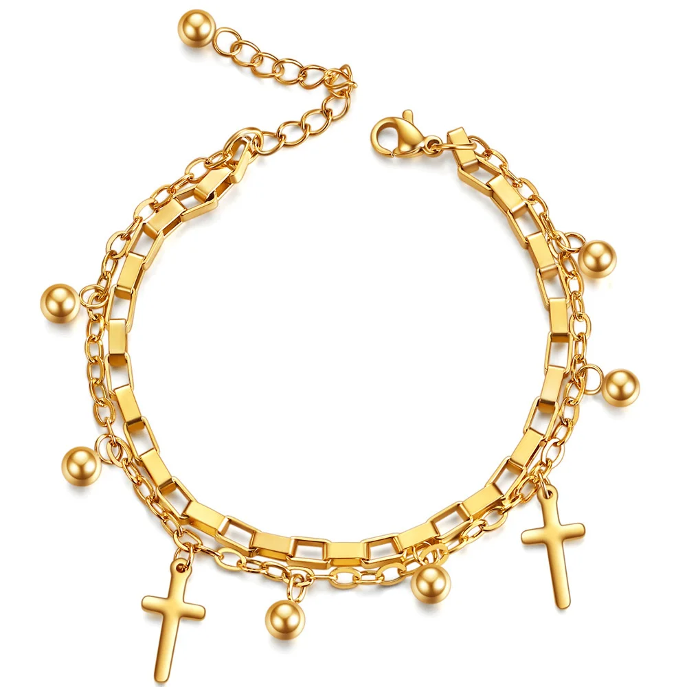 

Cross Charm Bracelet Gold Color Stainless Steel 17cm+3cm Layered Bracelets For Women Men Jewelry