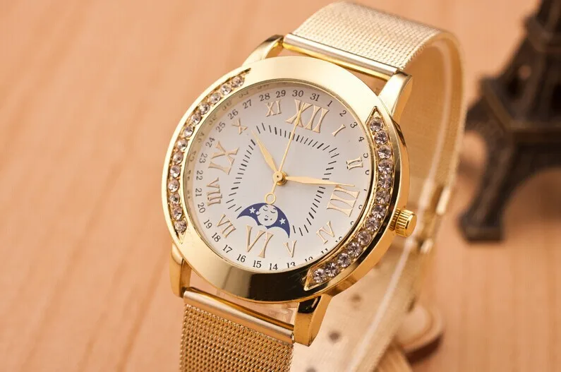 

Nice PopDouble Row Diamond Moon Gold Mesh Strap Ladies Watch Roman Numerals Rhinestone Luxury Quartz Ladies Mesh Strap Watch