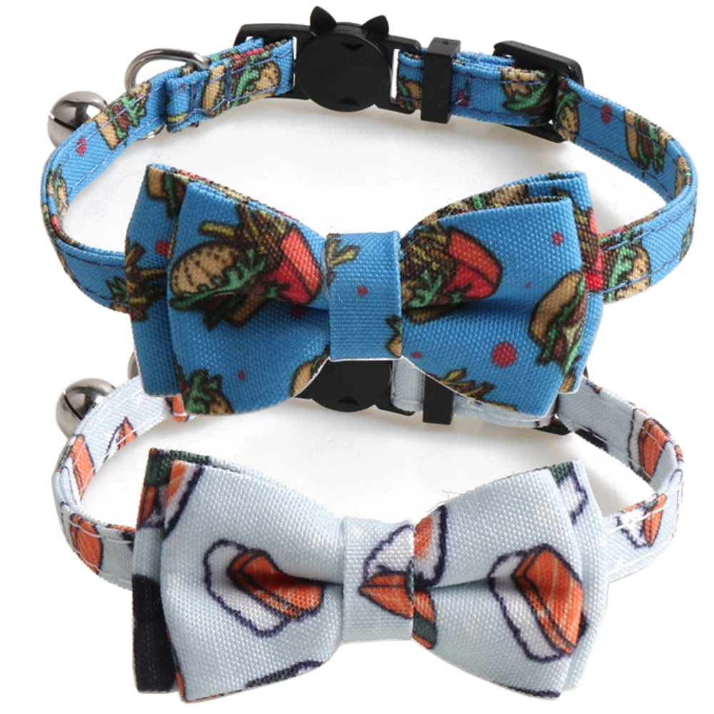 

Bowtie Cat Collar Breakaway with Bell Hamburger&French fries Patterns Adjustable Safety Buckle Kitten Collars for Kitty Pets
