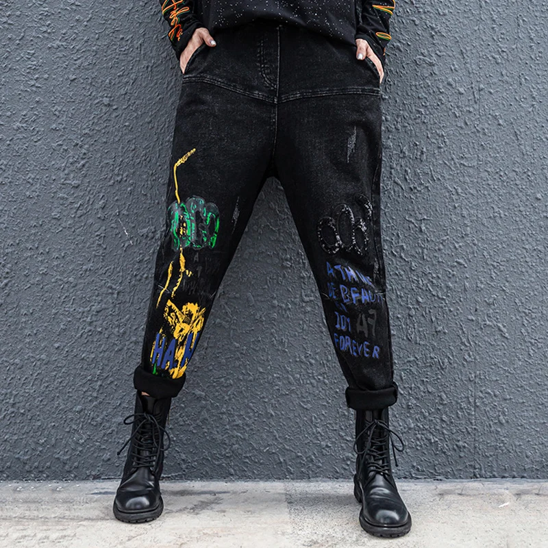 

Trendy Hipster Denim Jeans Sequin Women Graffiti Printed Design Straight Pants Korean Trousers Retro Harajuku Street Outfits