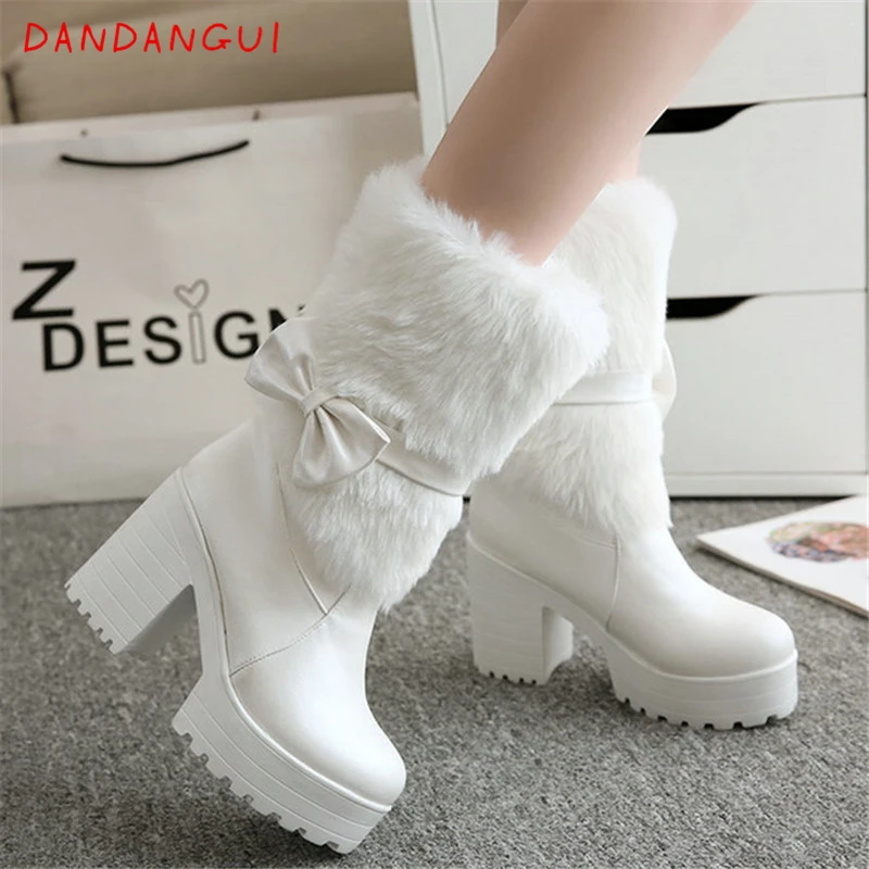 

Lolita Lovely Fetish Girls Furry Boots Maid Dress Mary Jane Platform Women's Ankle Boots Winter Warm New White Bow Ladies Shoes