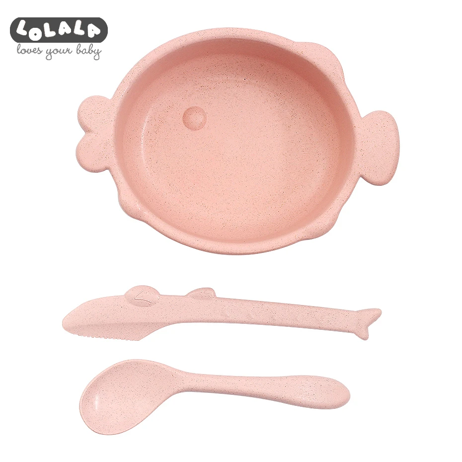 pink set 3 шт./компл. детская посуда для кормления рыба рот моделирование пшеничной соломы Защита окружающей среды детская обучающая посуда тарелка - Цвет: pink set